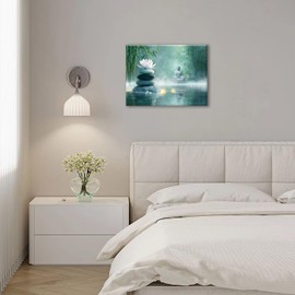 Olivine Zen Decor Wall Art, Lotus Pictures Wall Decor, Stones Flower Bloom Canvas Prints Painting, Framed Artwork for Meditation Bathroom Bedroom Living Room Office Home Decoration 16"x12"