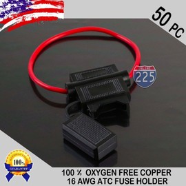 225FWY 50 Pack 16 Gauge ATC In-Line Blade Fuse Holder 100% OFC Copper Wire Protection
