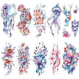 Cerlaza Colorful Temporary Tattoos for Women Adult, Watercolor Fake Tattoos Stickers, Long Lasting Realistic Tattoo on Half Arm Body Art Decorations