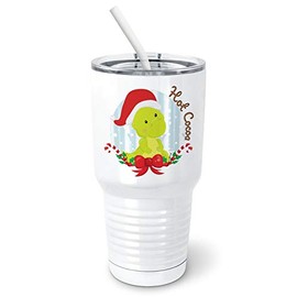 PixiDoodle Green T Rex Christmas Tumbler with Spill-Resistant Slider Lid and Silicone Straw - Dinosaur Kids Christmas Hot Cocoa (30 oz Tumbler, White)