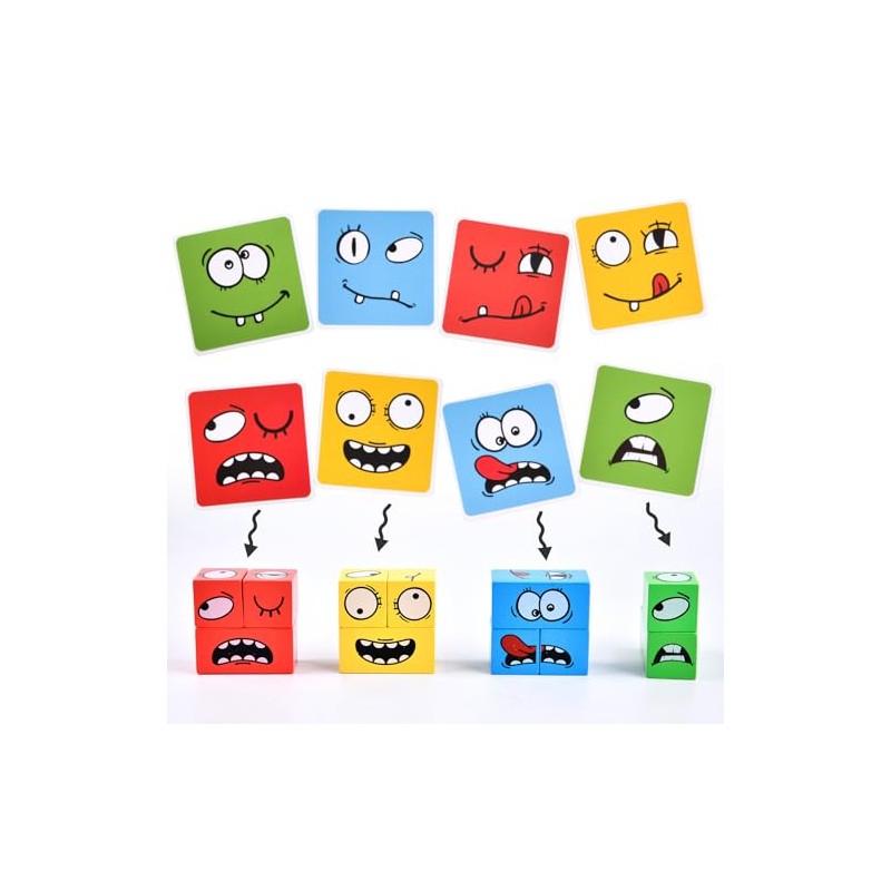 Wooden Face Changing Magic Cube Game, Expression Puzzle Building Blocks