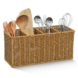 JREWE LIOUS Extra Large Kitchen Utensil Holder with 4 Compartments, Handwoven Resin Wicker Utensil Caddy, Farmhouse Rustic Flatware Organizer for Countertop, Quick-Dry Storage Basket