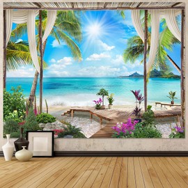 Leeisysme Beach Landscape Tapestry, Tropic Ocean Sea Island Palm Tree Seaside Tapestries for Living Room Summer Window Wall Hanging 60×80 Inch