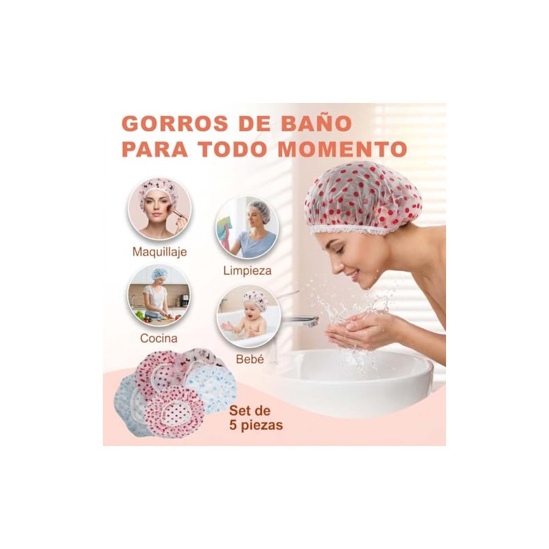 Gorro de Ducha Impermeable 5Pzs, Gorra de Baño Mujer Elástico,