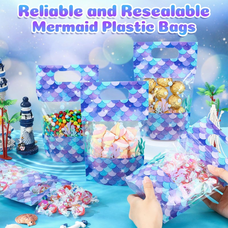 Sweetude 50 Pcs Mermaid Clear Gift Bags Mermaid Plastic Bag