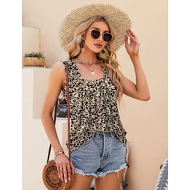 KTILG Tank Tops for Women 2025 Floral Summer Tops Loose Fit Casual Square Neck Sleeveless Shirts Trendy Tunic Tank Tops Curved Hem L