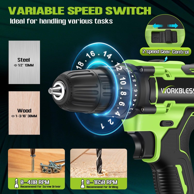 WorkBless WORKBLESS 21V Power Drill Set, Cordless Drill with 2