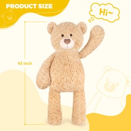 SuzziPals 43 inch Giant Teddy Bear Stuffed Animal, Likelike Stuffed Animals for Stress Relief & Companion, Extra Soft Fluffy Plushies Hugging Pillow, Jumbo Teddy Bears Gifts for Kids Adults