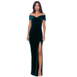 Xscape Women's Long Velvet Off-The-Shoulder Gown with Leg Slit and Center Back Zipper, Hunter, 10