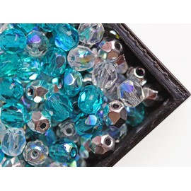 Czech Faceted Glass Beads Fire-Polished Round 4 mm Crystal AB Dark Aquamarine AB 600 Mix 3 Colours Crystal Full Labrador