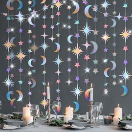 Patelai Glitter Star Moon Garland Banner Decor, 130 Feet Star Hanging Bunting Banner Gold Bright Moon Paper Garland for Graduation Class Congrats Grad Eid Muburak Party Decoration (Multi Color)