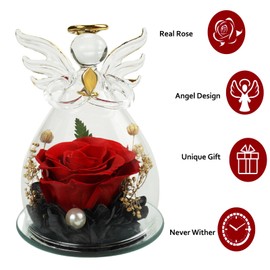 ELEUTH Eternal Rose with Angel Figurine Gifts for Girlfriend, Preserved Flower Eternal Rose in Glass Birthday Gift for Women Mum for Christmas Valentine's Day Mother's Day Anniversary Gifts for Her