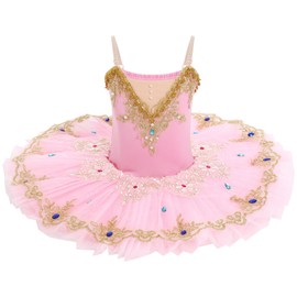 AFAVOM Hard Platter Swan Lake Ballerina Costume for Girls Camisole Skirted Leotard Ballet Dance Outfit Big Little Toddler Kids Sequin Embroidery Lace Tutu Performance Dancewear Pink 11-12 Years