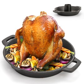 Acshio Cast Iron Chicken Roaster, Beer Can Chicken Holder Turkey Fryer with Roasting Pan, Poultry Roaster Stand Barbecue Grilling Accessories Rack for Most Grills and Oven