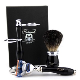 Shaving Set with 5 Edge Razor Real Badger Brush Dual Stand for Brush and Razor