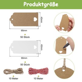 QUARKZMAN Pack of 100 Gift Tags Kraft Paper White Labels Gift Tags Rectangular with Heart-Shaped Hole Cards with 20 Metres Jute String Red for Gift Wrapping Christmas
