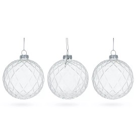 BESTPYSANKY Trio of Ribbed Clear Blown Glass Ball Christmas Ornaments 3.5 Inches