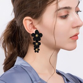 Just Follow Three Layer Flower Earrings for Women Boho Statement Flower Earrings Bohemian Flower Dangle Earrings Flower Jewelry Gift (Black)