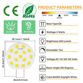 G8 LED 3W Mini Disc Puck Light Bulbs, 120V 20W 25W T4 JCD Type Halogen Equivalent, G8 Bi-Pin Base, Daylight White 6000K, Under Cabinet Light Bulb, 8 Pack