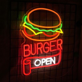 BNEMCEZH Burger Open Neon Sign Dimmable Delicious Hamburger LED Light Sign for Wall Decor USB Powered Business Fast Food Open Light up Sign for Restaurant Kitchen Man Cave Bar Snack Shop Party Home