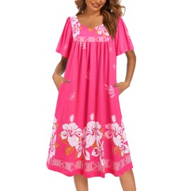 Ekouaer Women's Nightgown Pleated House Dress Short Sleeve Mumu Dress With Pockets Lounge Dress