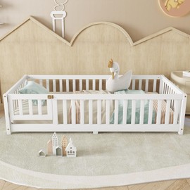 Twin Size Montessori Floor Bed with Slats and Center Support Bar, Twin Size Floor Bed Frame with Door and Fence, Easy Assemble Montessori Beds, White
