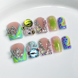 Handmade Press on Nails Short Square 3D French Tip Thick Acrylic Fake Nails Y2K False Nails with Polka Dots Eyes Charms Rhinestones Stars Water Drop Designs Sturdy Nail Art Press on Nails 10Pcs(S)