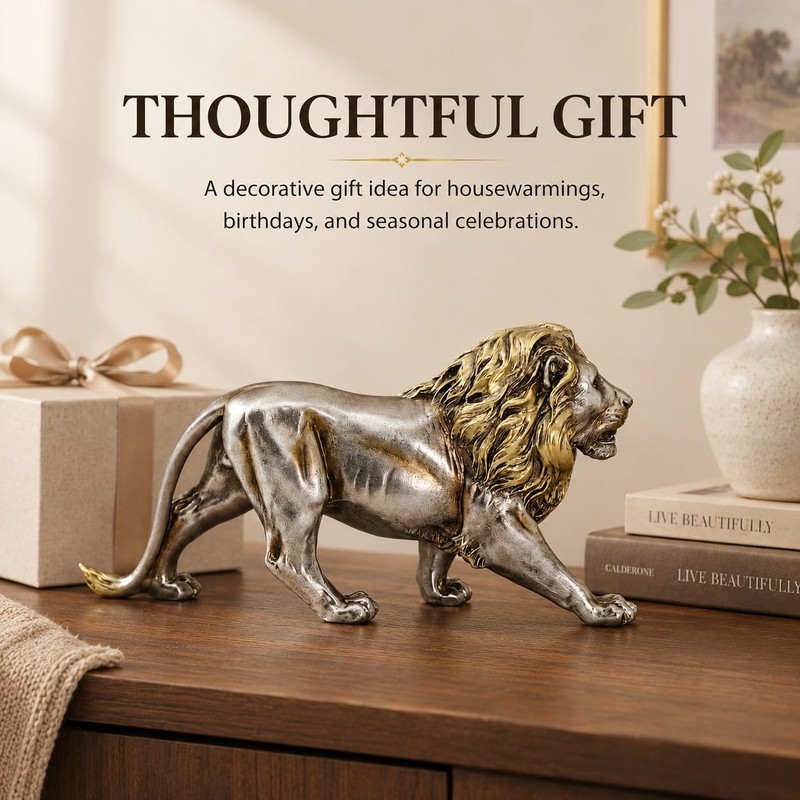 MOTIAHOOM Lion Figurine, Roaring Animal Statue, Silver Gold