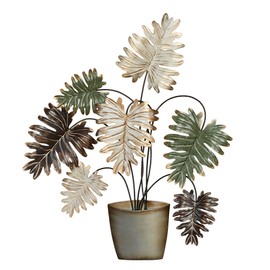 Potted Palms Tropical Metal Wall Sculpture | Handpainted Metallic Bronze, Gold, and Green Palm Leaves | Beautiful Dimensional, Textured Palm Leaf Fronds in an Aged Silver Pot Indoor Wall Art Decor