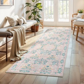 Lessymo Pink Runner Rug for Entryway, 2x6 Kitchen Rugs Non Slip Rubber Fuzzy Soft Washable Runners for Hallway, Faux Wool Small Floor Mat Bedroom Rug, Vintage Floral Design Decor, Pink Green