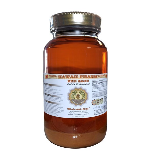 HawaiiPharm Red Sage (Salvia Miltiorrhiza) Liquid Extract, Tincture, Herbal Supplement, Made in USA, 32 fl.oz