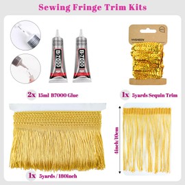 Yhsheen Gold Fringe, 5 Yards X 4 Inch Fringe Trim with B7000 Glue, Tassels Trim for Crafts, Polyester Fibre Sewing Fringe Trim(Gold)