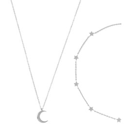 Happiness Boutique Women's Moon and Star Jewellery Set in Silver Colour, 2-Piece Delicate Crescent Moon Necklace and Star Choker Necklace Made of Stainless Steel, Stainless Steel