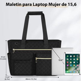 NEWHEY Bolsas de Mujer para Laptop 15.6 Pulgadas Tote Bag Maletin para Laptop Grande Bolsa de Mano para Mujer Impermeable Nylon Portafolios Negro