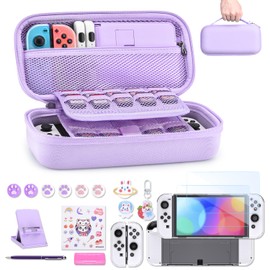 innoAura Switch OLED Case 19-in-1 Bundle with Carrying Case, Game Organizer, Screen Protector, Stand and Thumb Grips (Purple)