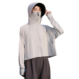 Rash Guard, Women's Hoodie, Long Sleeve, UV Protection, Cooling Sensation, UPF50+, Summer, Removable Brim, Cool, Breathable, Lightweight, Thin, Sunburn Protection, Outdoors, gray (light gray), Free