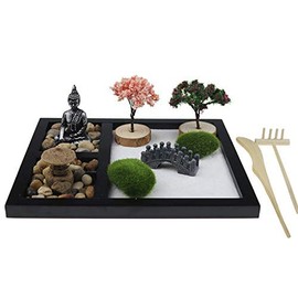 ZEN&TAO Japanese Zen Garden, Black Tray with Two Trees, Two Mosses, Buhhda Statue, Bridge, Stones and Sand Toolset, Office Desk Accessories, for Meditation, Relaxation and Gift.