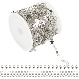 YOUBEIYEE 16.4 Feet/ 5 Meters Brass Chains for Jewelry Making Star Moon Shaped Link Chain Bulk Roll DIY Necklace Bracelet Jewelry Supplies Silver Plated 50pcs Open Jump Rings 20pcs Lobster Claws