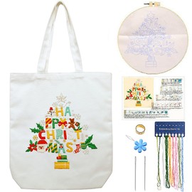 Canvas Tote Bag Embroidery Kit with Pattern for Beginners, Arts and DIY Embroidery Crafts Kits for Adults, Include Instructions, thimble, Embroidery Hoops, Color Threads and Tool (CR002 Christmas tree)