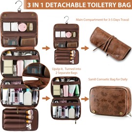 Elviros Toiletry Bag Hanging Travel Organizer for Men and Women, 3 in 1 Multifunctional Large Makeup Cosmetic Case for Toiletries Accessories, Water-Resistant PU Leather Bathroom Dopp Kit Shaving Bag