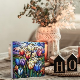 JUIOEIU Tulip Decor, Vintage Colorful Floral Wooden Box Sign, Tulip Decorations, Retro Floral Wood Block Sign for Home Office Desk Shelf Tabletop Decor, 5x5 Inch