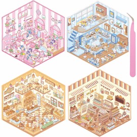 TELAIN 3D Sticker Scenes Pack With 4 Background Boards And 4 Sticker Sheets, Creativity And Fun For Journals And Scrapbooks, Includes Free Tweezers