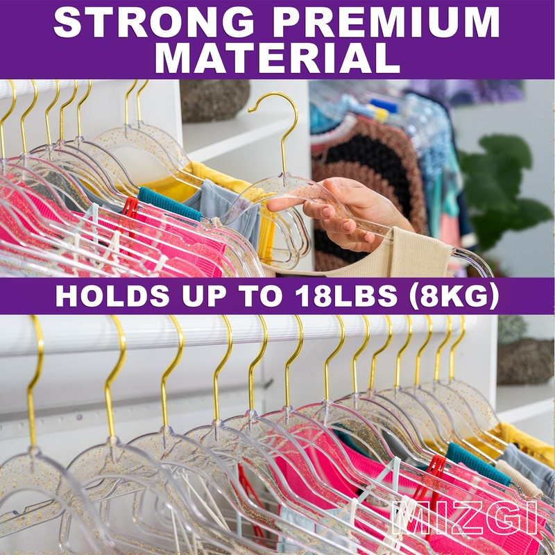 Premium Clear Invisible Acrylic Hangers,Crystal Plastic Hangers with Bling Gold