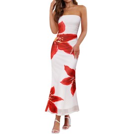 ZESICA Womens Boho Floral Strapless Maxi Dress 2025 Summer Off Shoulder Bodycon Beach Party Long Dresses, White, Large