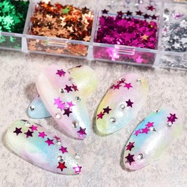 12 Colors Nail Glitters Sequins 3D Holographic Laser Star Nail Flakes Sparkly Shining Star Nail Decals Nail Art Design Nail Decor for Women Girls Acrylic Nail Art DIY Decorations Charms