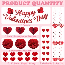 Valentines Day Decorations, Happy Valentines Day Banner Heart Honeycomb Pompoms Flowers Paper String Garlands Hanging Swirls for Valentines Day Party Supplies