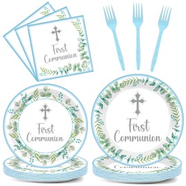 96Pcs First Communion Blue Party Plates and Napkins God Bless Baptism Birthday Supplies Religious Communion Paper Tableware for Christening Celebration Baby Shower 24 Guests Birthday Party Decorations