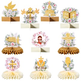 10 Sets God Bless Baptism Centerpieces for Tables, Floral Honeycomb Bautizo Centerpieces Double Sided Baptism Toppers First Communion Decorations for Baby Shower Christening Party Confirmation Decor