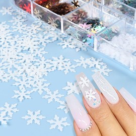 12 Grids Snowflakes Nail Art Glitters for Christmas Snowflake Nail Sequins - 3D Sparkly Christmas Nail Decals White Snow Nail Flakes Design Xmas Winter DIY Manicure Decoration Nail Art Supplies