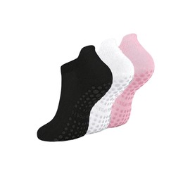 OYOANGLE Women's 3 Pairs Pilate Socks with Grips Non Slip Yoga Socks Athletic Sports Ankle Sock Black White Pink 40-43